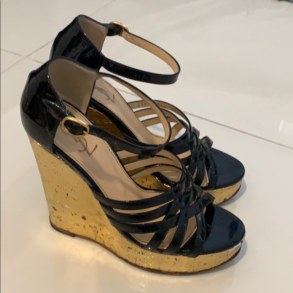 YSL Gold/Black Wedge Sandals, 100% AUTHENTIC YSL